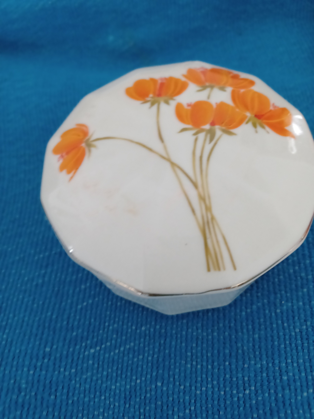 White Floral Porcelain Trinket Box with Orange Flowers Otagiri Japan